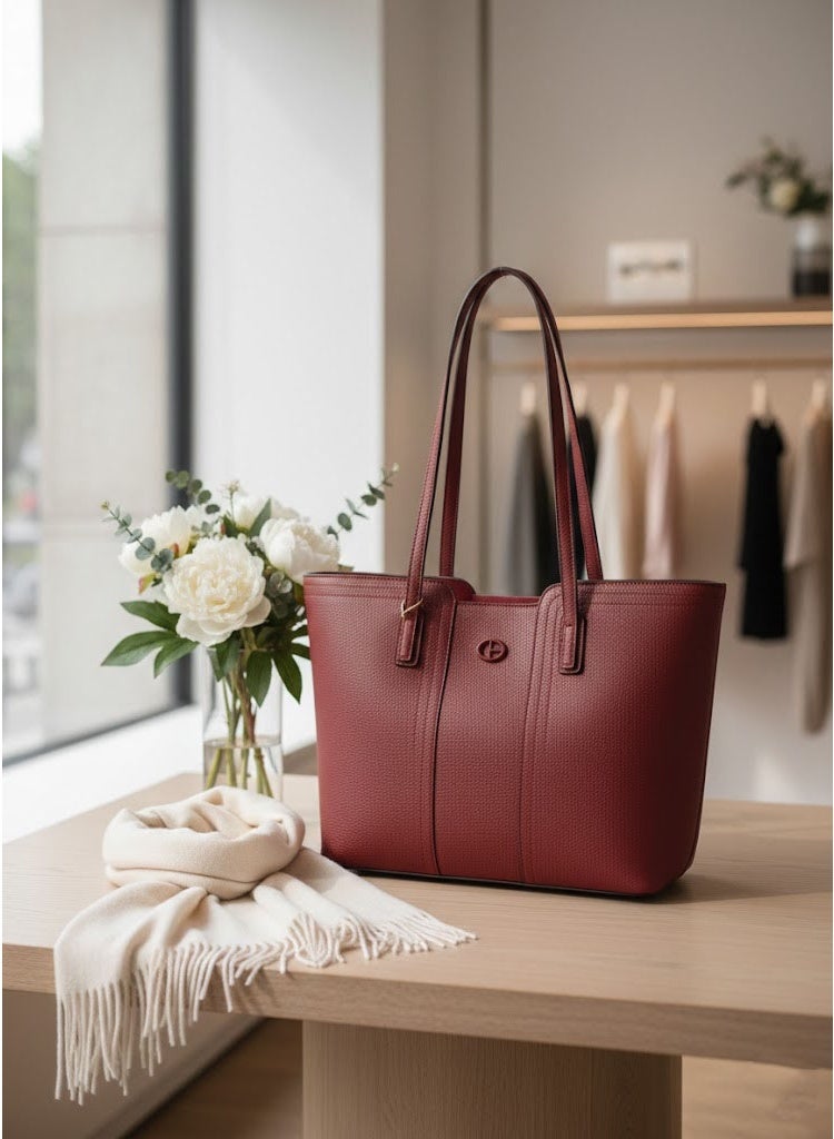FUMES Wine red Structured Tote Bag – Premium Leather Women’s Shoulder Handbag - Image 4